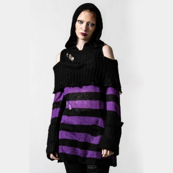 Killstar Sweaters - 🆕️🆑️ Killstar Salvia Hooded Knit Sweater Black & Plum Stripes Distressed Long
